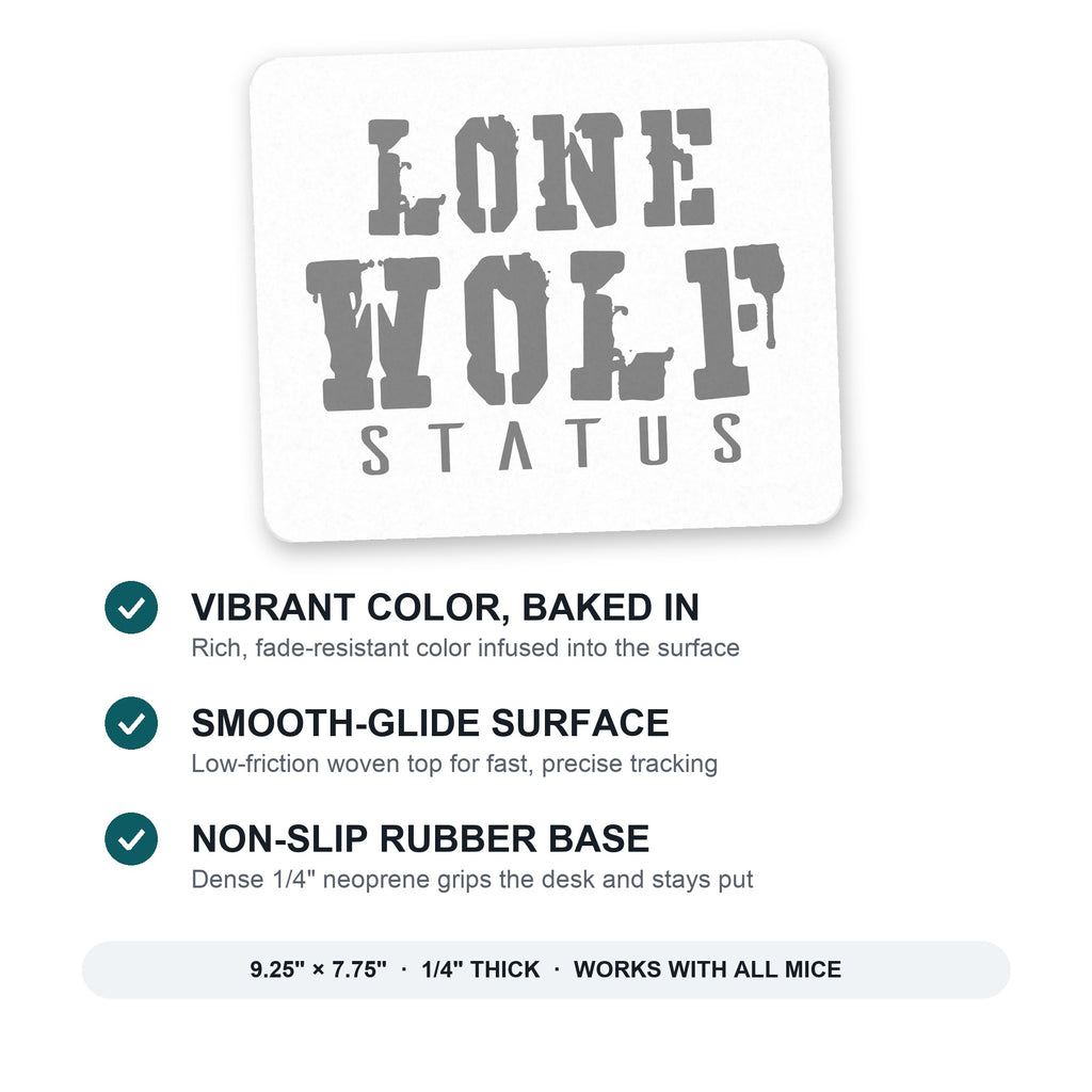 Lone Wolf Status mouse pad: vibrant color, smooth-glide surface, non-slip rubber base, 9.25 x 7.75 inches