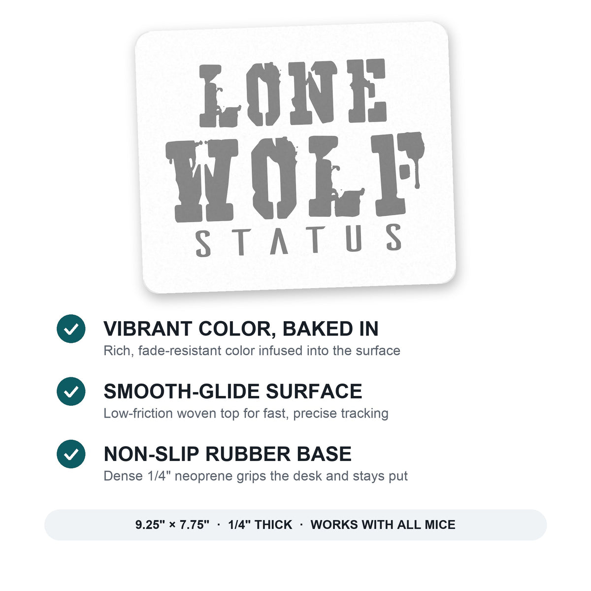 Lone Wolf Status mouse pad: vibrant color, smooth-glide surface, non-slip rubber base, 9.25 x 7.75 inches