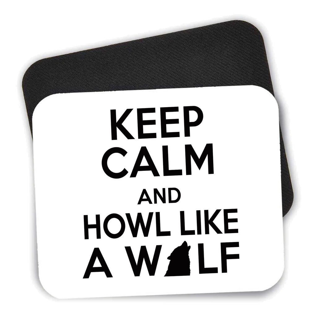 Keep Calm Howl Like a Wolf mouse pad shown with its black non-slip rubber underside