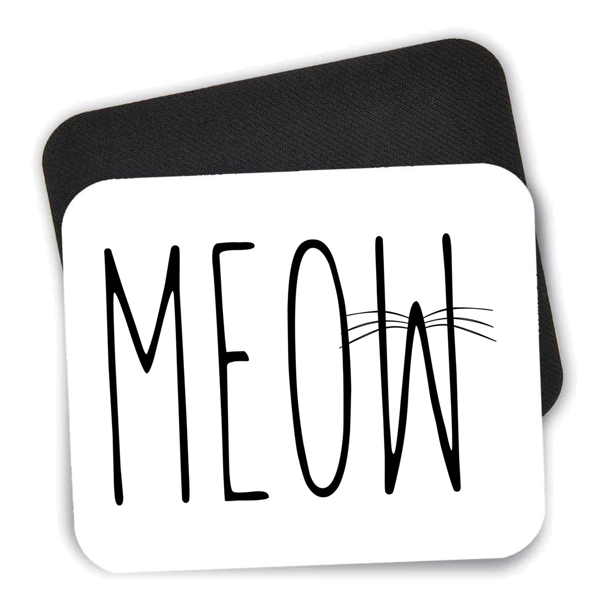 Meow - Cat Whiskers mouse pad shown with its black non-slip rubber underside