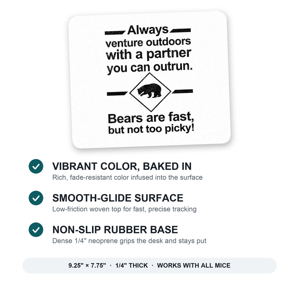 Bears Are Fast But Not Too Picky mouse pad: vibrant color, smooth-glide surface, non-slip rubber base, 9.25 x 7.75 inches