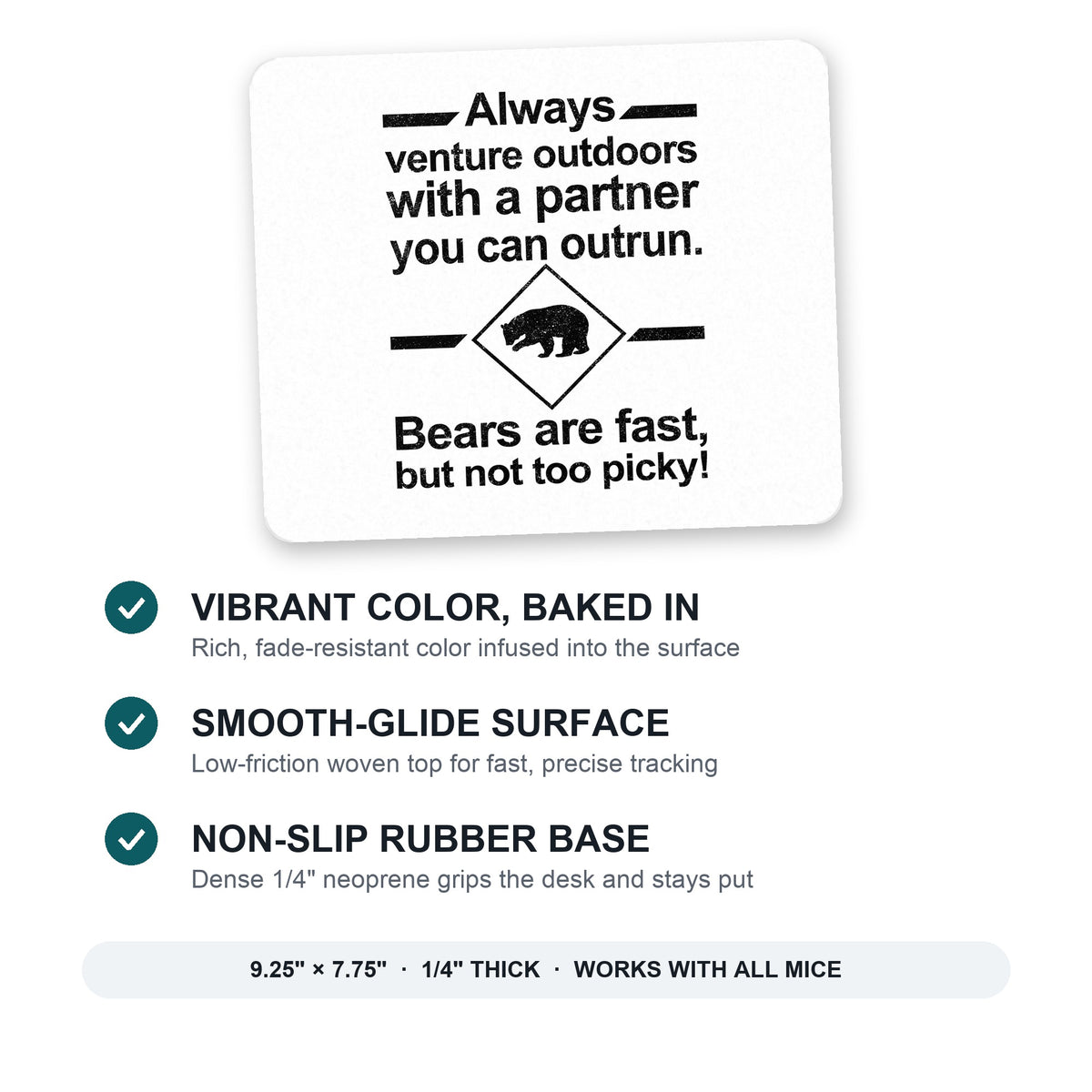 Bears Are Fast But Not Too Picky mouse pad: vibrant color, smooth-glide surface, non-slip rubber base, 9.25 x 7.75 inches