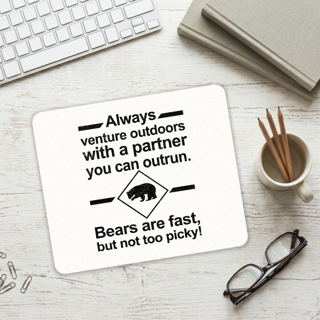 Bears Are Fast But Not Too Picky mouse pad on a desk with a keyboard