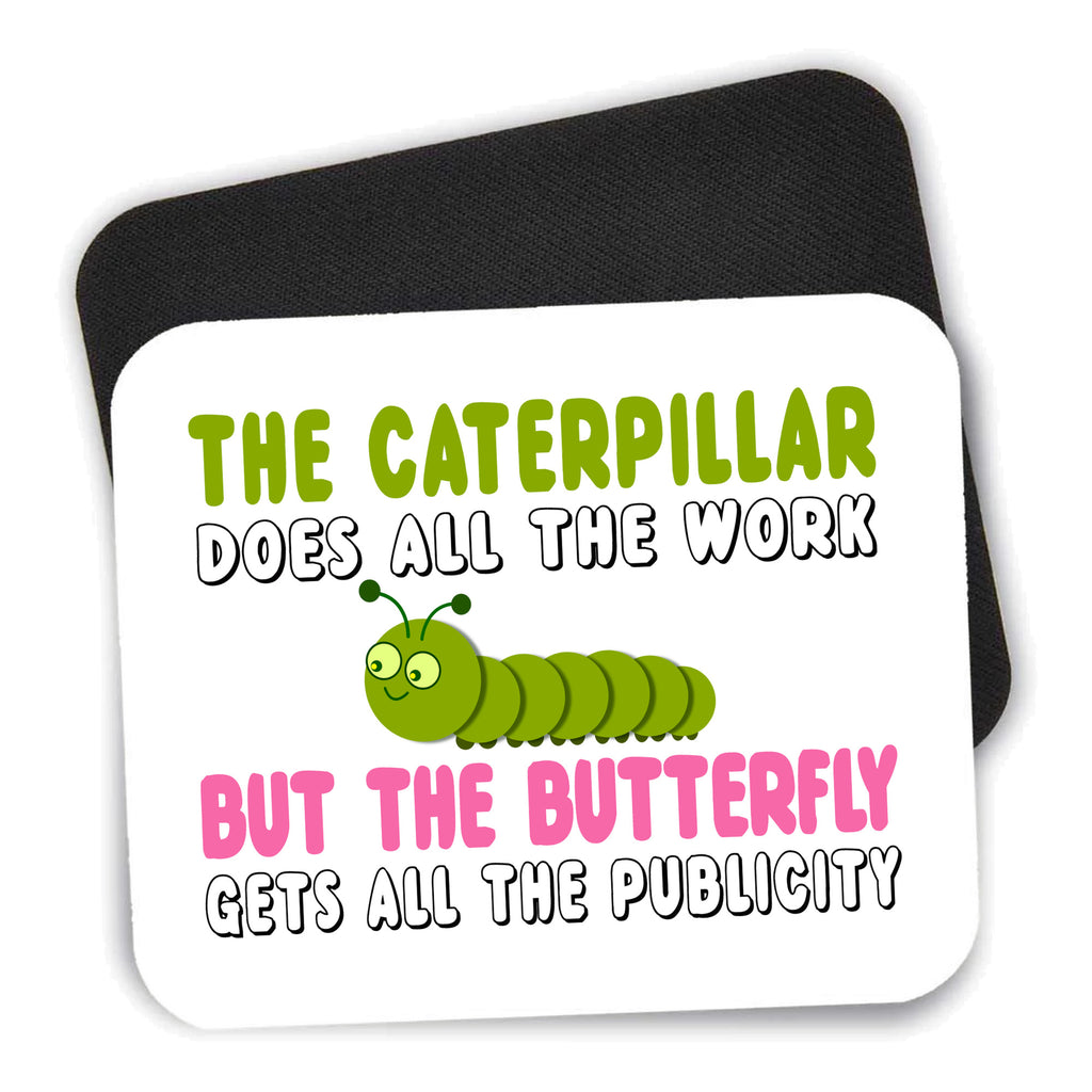 Caterpillar Does Work, Butterfly Publicity mouse pad shown with its black non-slip rubber underside