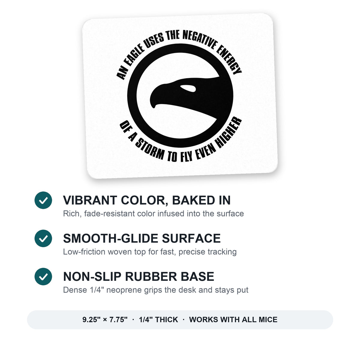 Eagle Uses Negative Energy to Fly Higher mouse pad: vibrant color, smooth-glide surface, non-slip rubber base, 9.25 x 7.75 inches