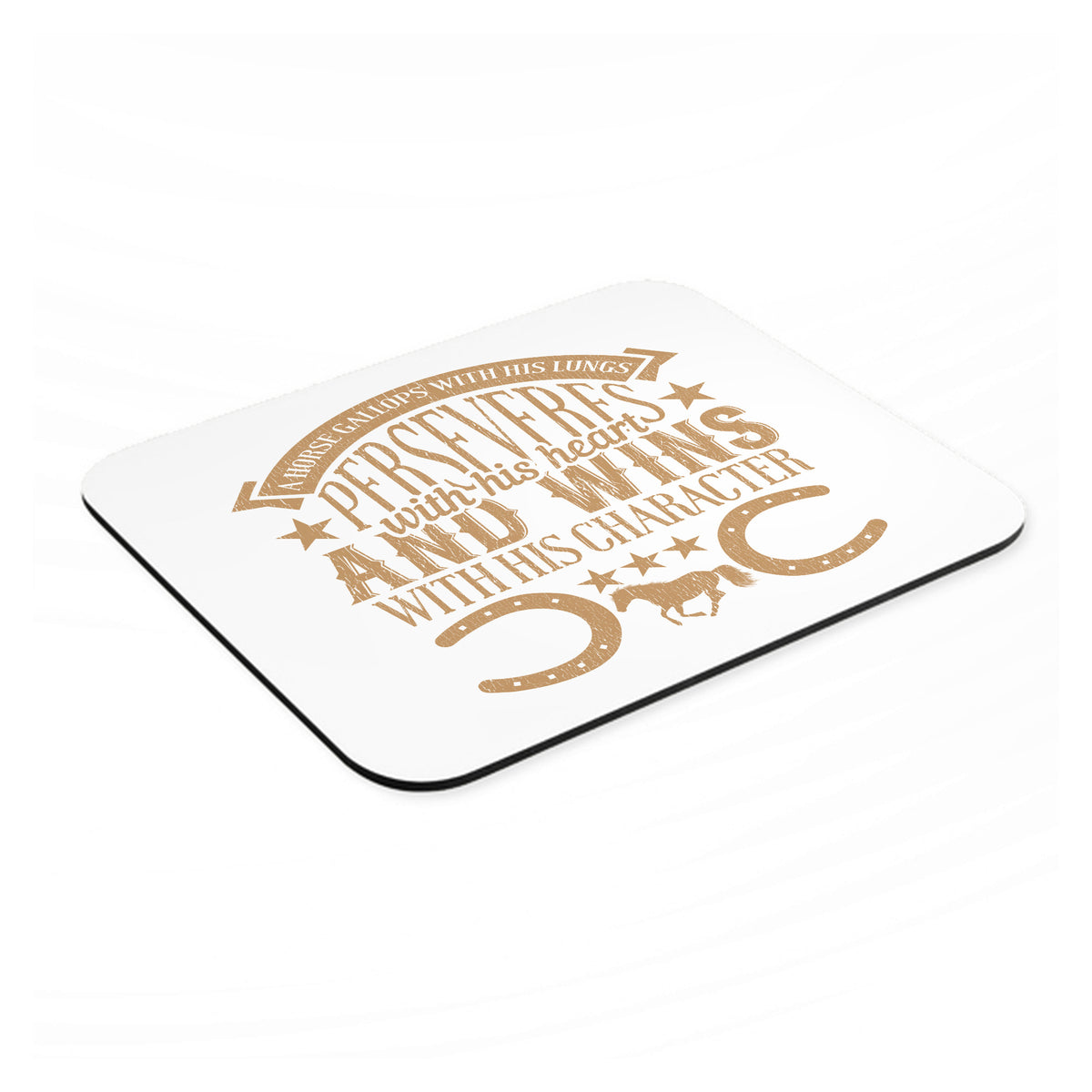 Horse Gallops, Perseveres, Wins mouse pad, angled view showing the 1/4 inch thick base