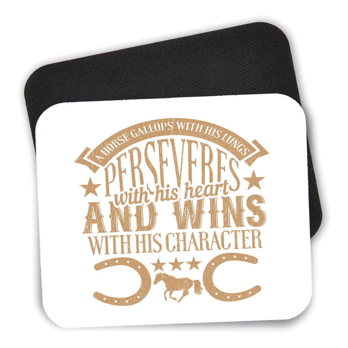 Horse Gallops, Perseveres, Wins mouse pad shown with its black non-slip rubber underside