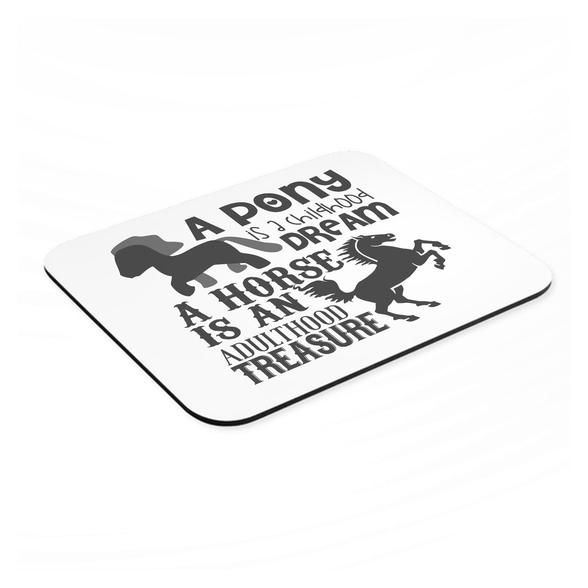 Pony Childhood Dream, Horse Adult Treasure mouse pad, angled view showing the 1/4 inch thick base