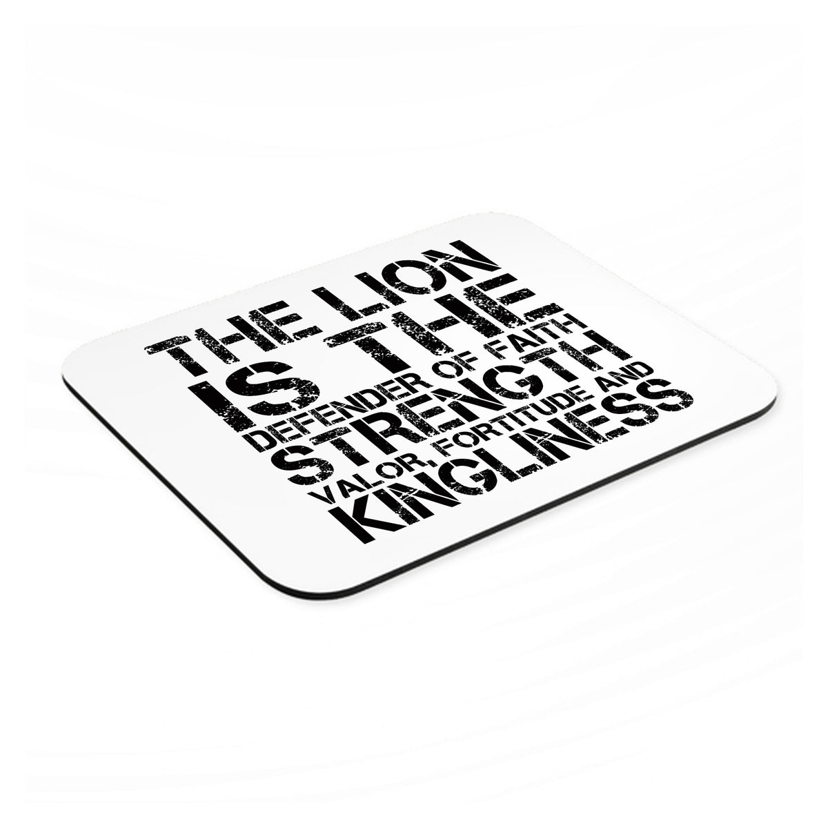 Lion - Strength Valor Fortitude Kingliness mouse pad, angled view showing the 1/4 inch thick base