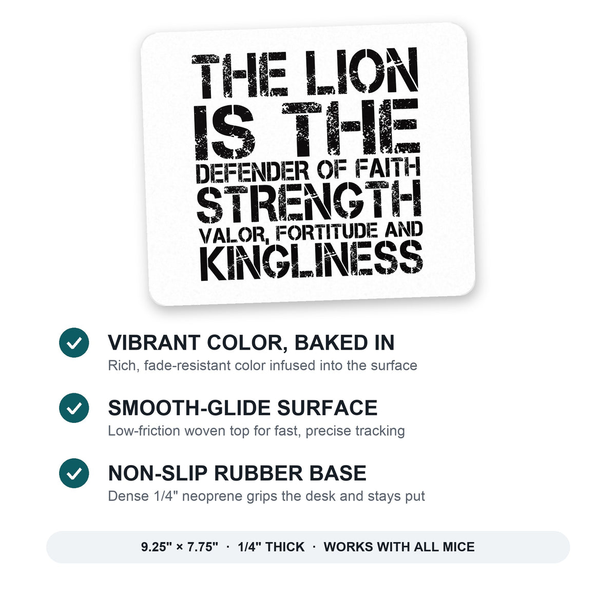 Lion - Strength Valor Fortitude Kingliness mouse pad: vibrant color, smooth-glide surface, non-slip rubber base, 9.25 x 7.75 inches
