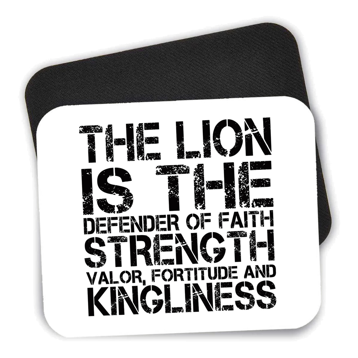 Lion - Strength Valor Fortitude Kingliness mouse pad shown with its black non-slip rubber underside