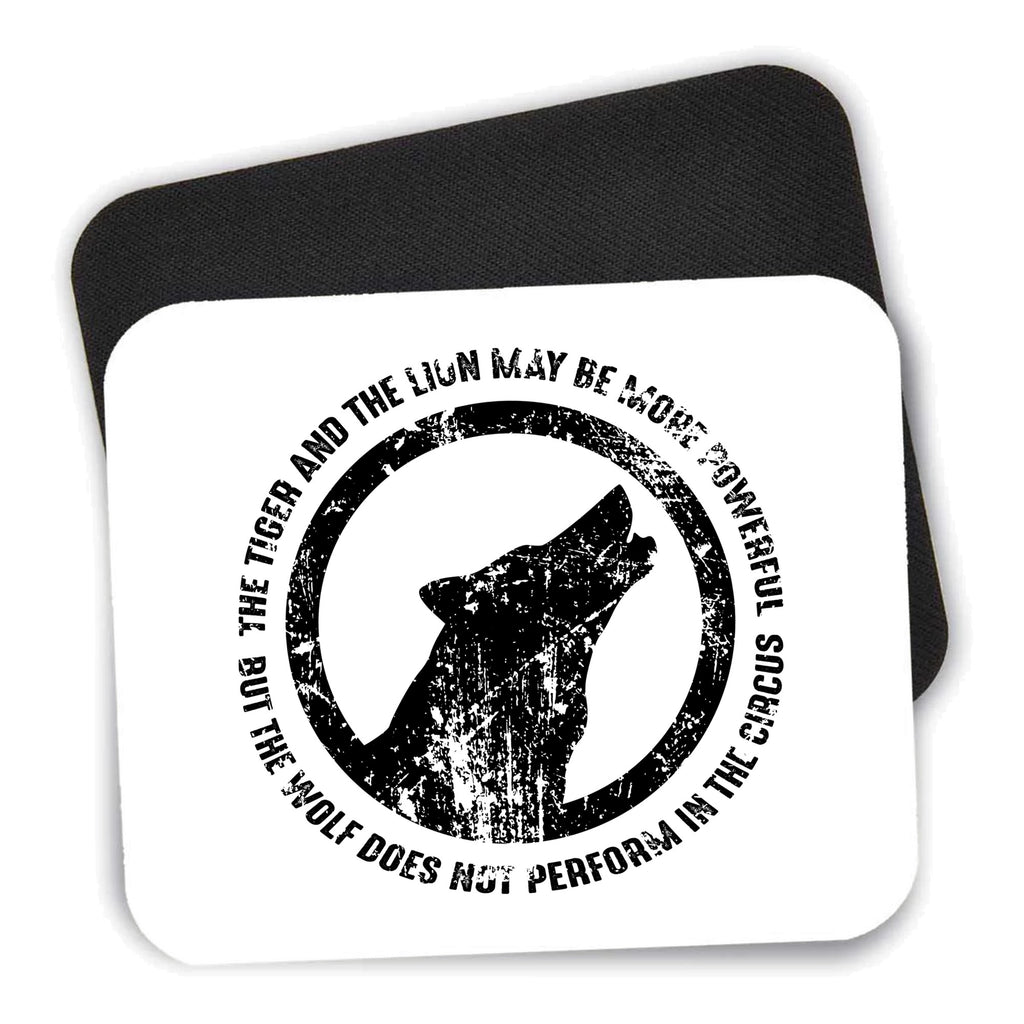 Lion & Tiger Powerful, Wolf Not in Circus mouse pad shown with its black non-slip rubber underside