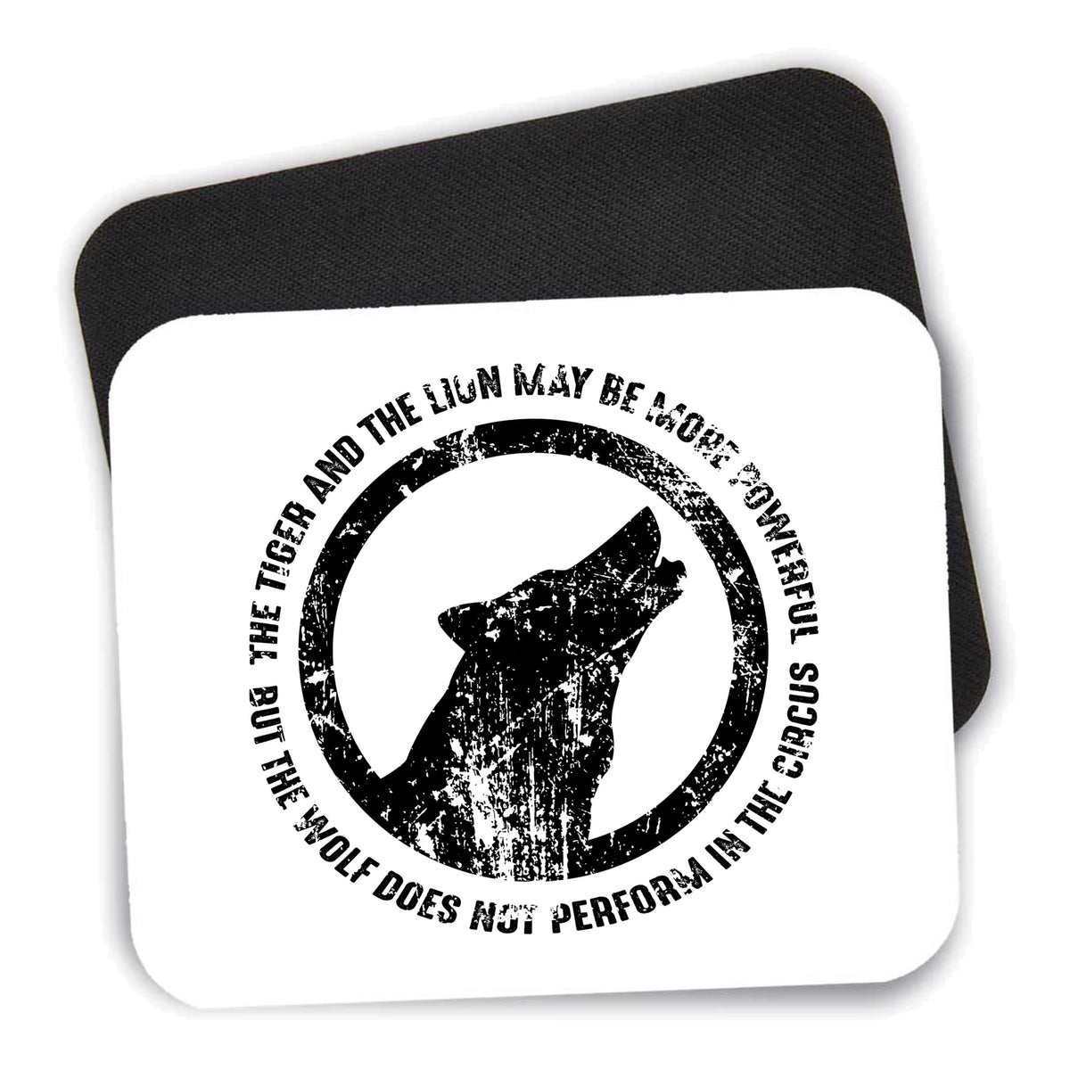 Lion & Tiger Powerful, Wolf Not in Circus mouse pad shown with its black non-slip rubber underside