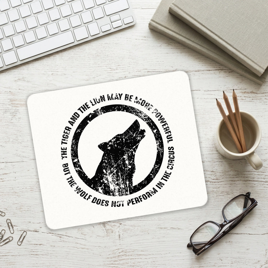 Lion & Tiger Powerful, Wolf Not in Circus mouse pad on a desk with a keyboard