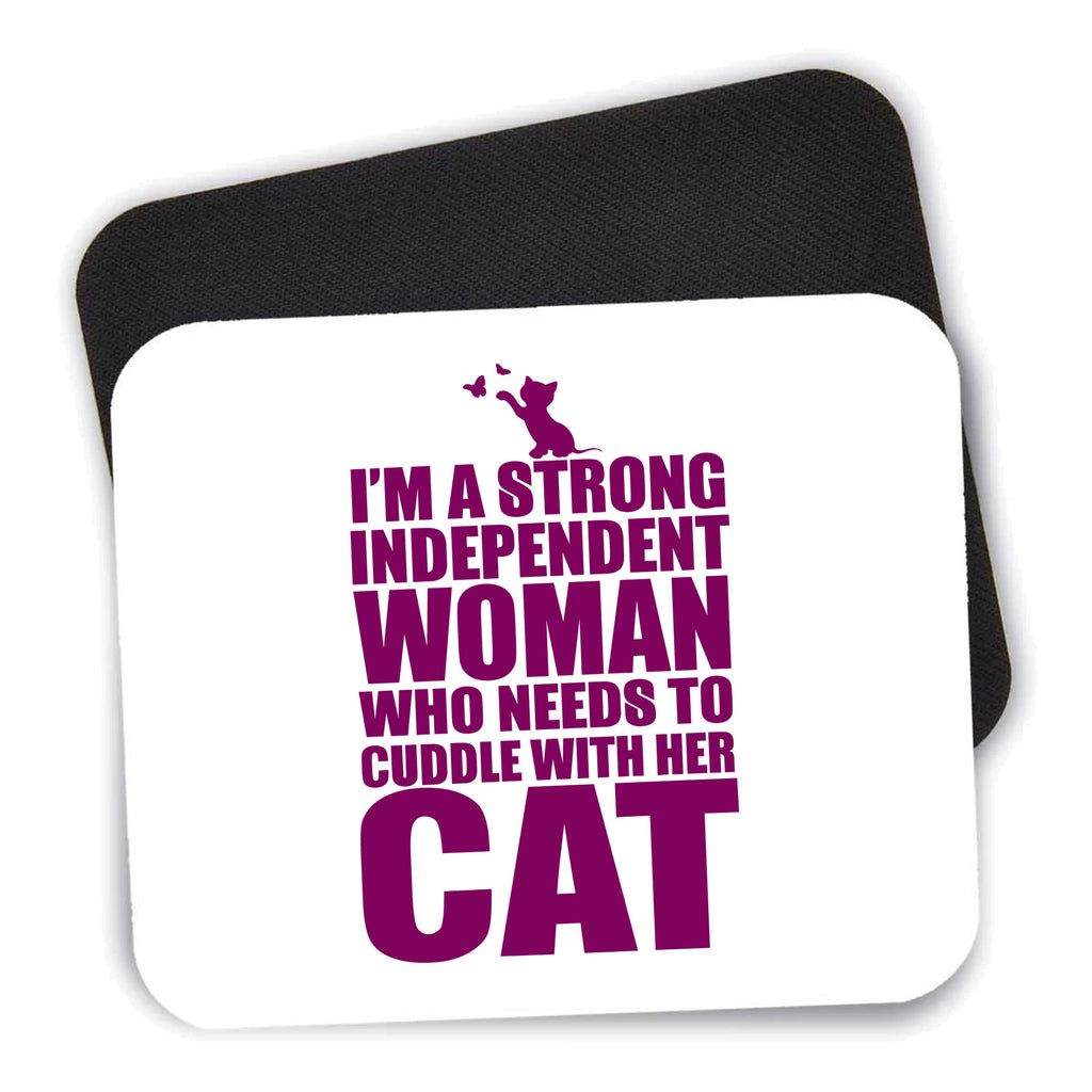 Strong Woman Needs to Cuddle Cat mouse pad shown with its black non-slip rubber underside