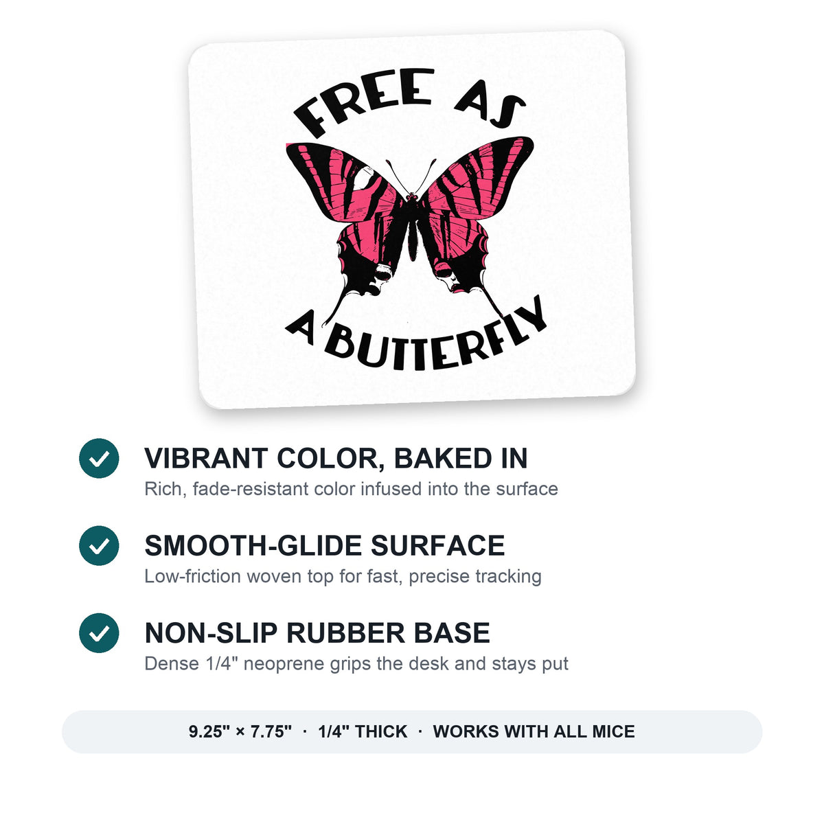 Free as a Butterfly - Pink mouse pad: vibrant color, smooth-glide surface, non-slip rubber base, 9.25 x 7.75 inches