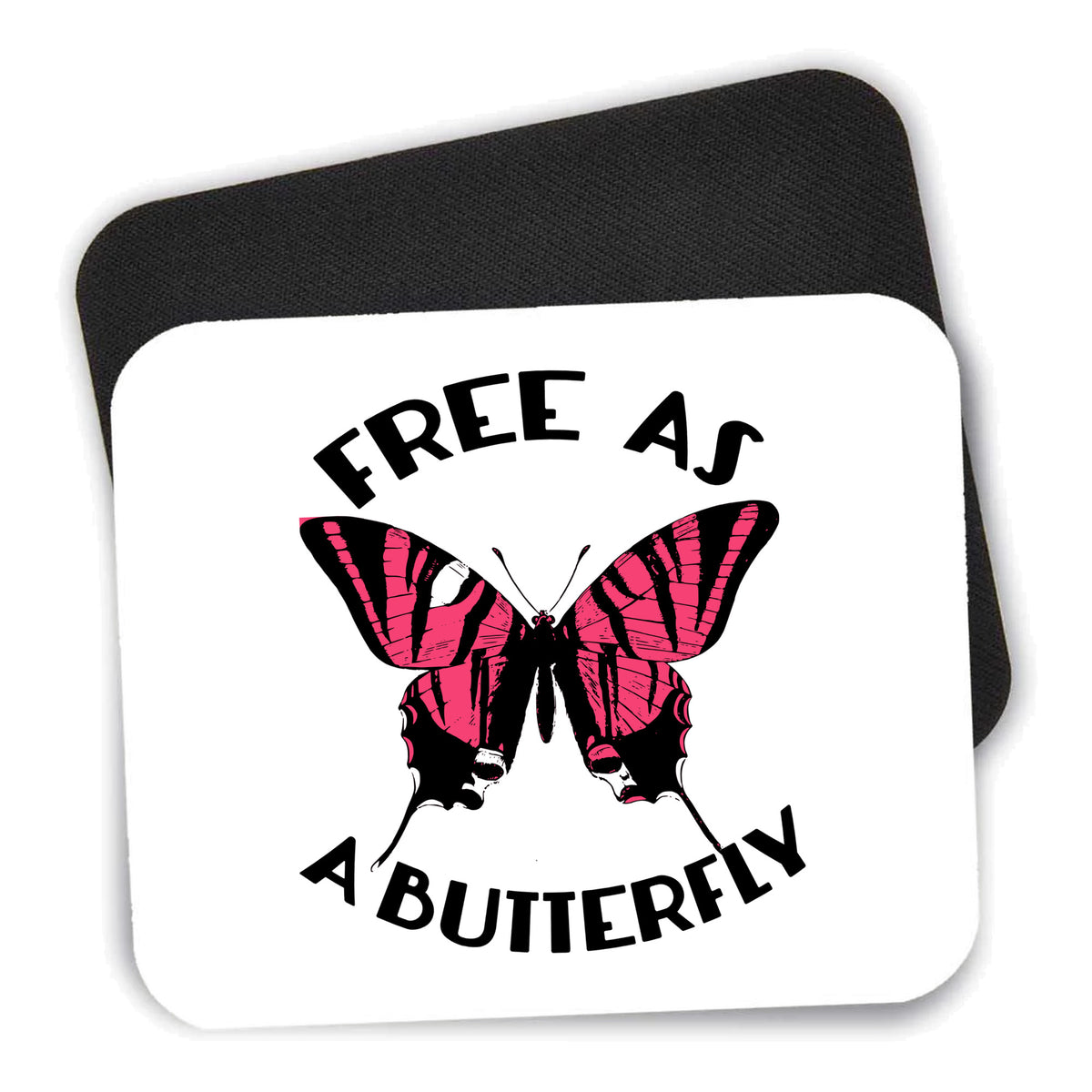 Free as a Butterfly - Pink mouse pad shown with its black non-slip rubber underside