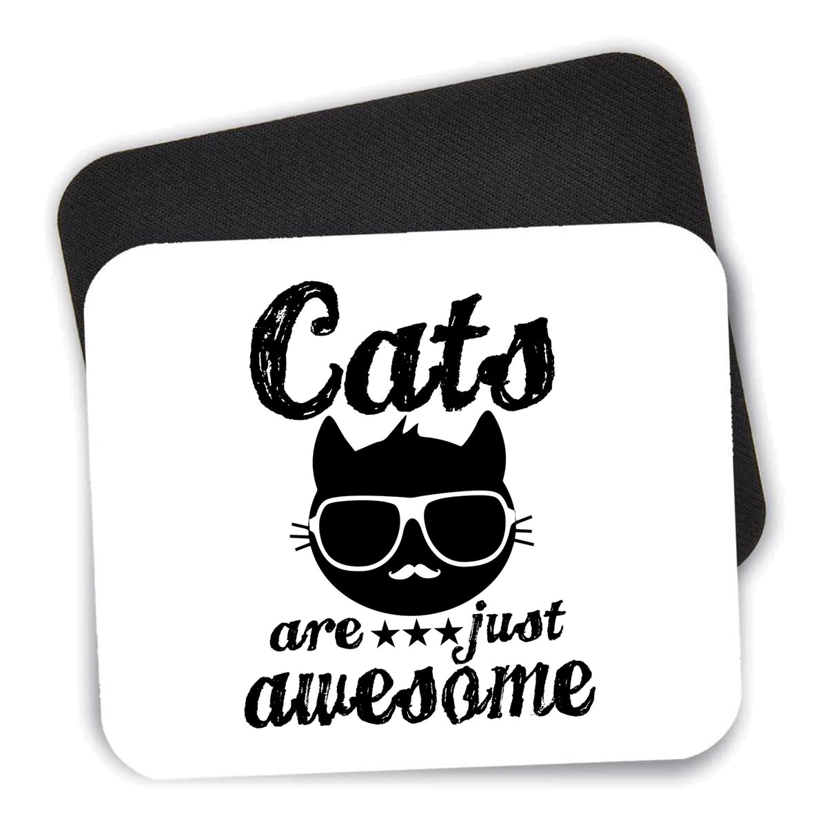 Cats Are Just Awesome mouse pad shown with its black non-slip rubber underside