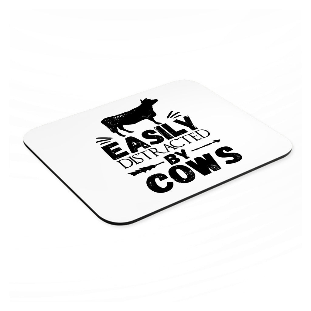 Easily Distracted By Cows mouse pad, angled view showing the 1/4 inch thick base
