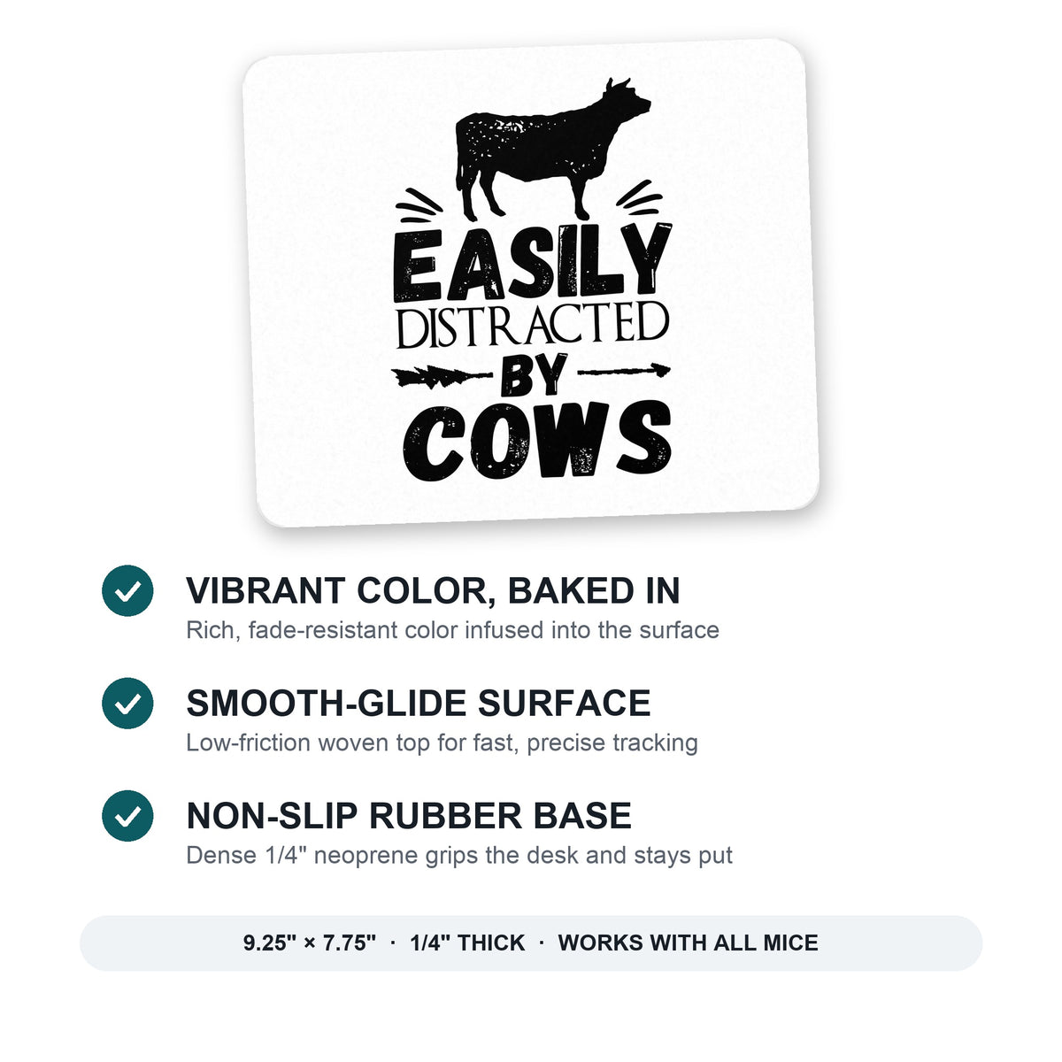 Easily Distracted By Cows mouse pad: vibrant color, smooth-glide surface, non-slip rubber base, 9.25 x 7.75 inches