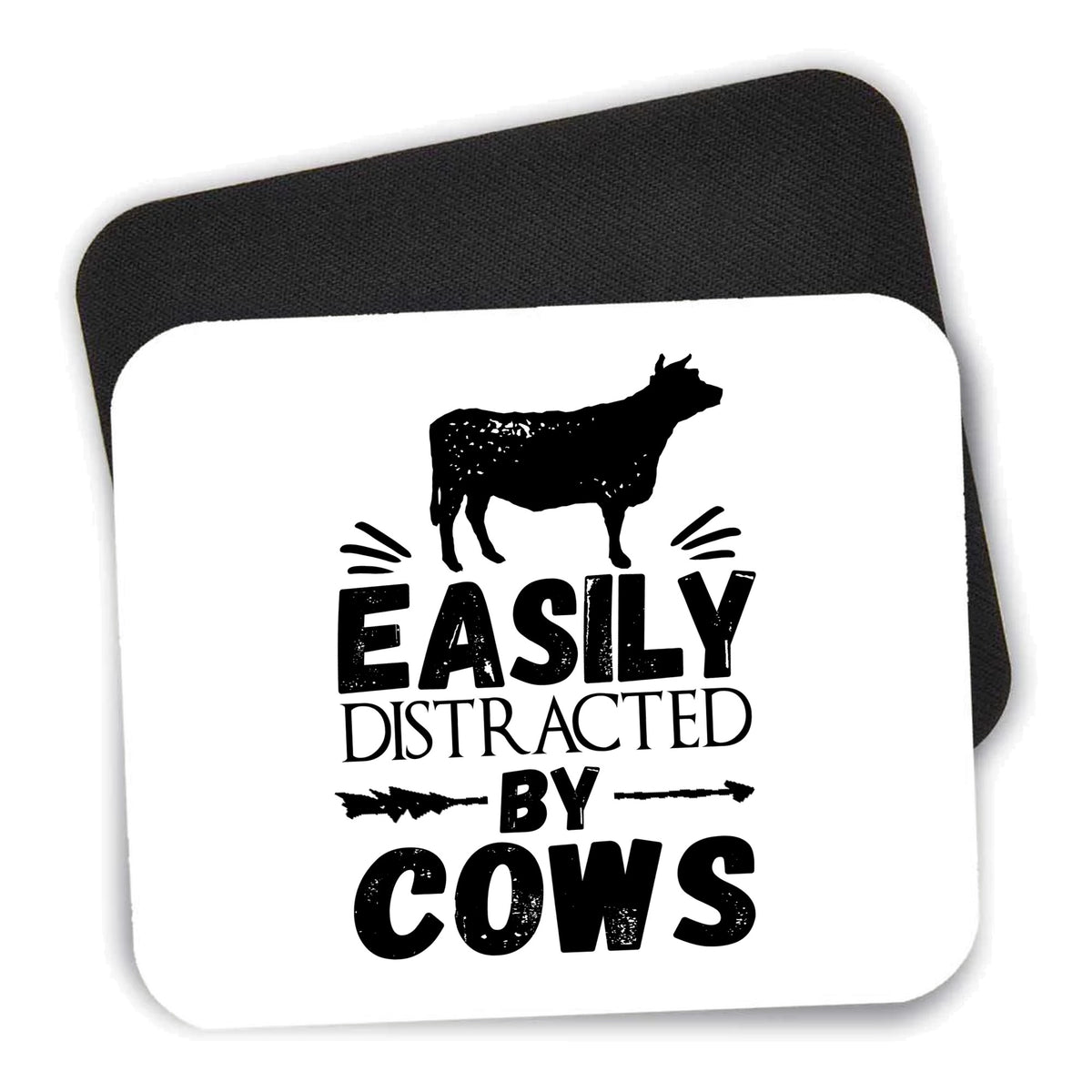 Easily Distracted By Cows mouse pad shown with its black non-slip rubber underside