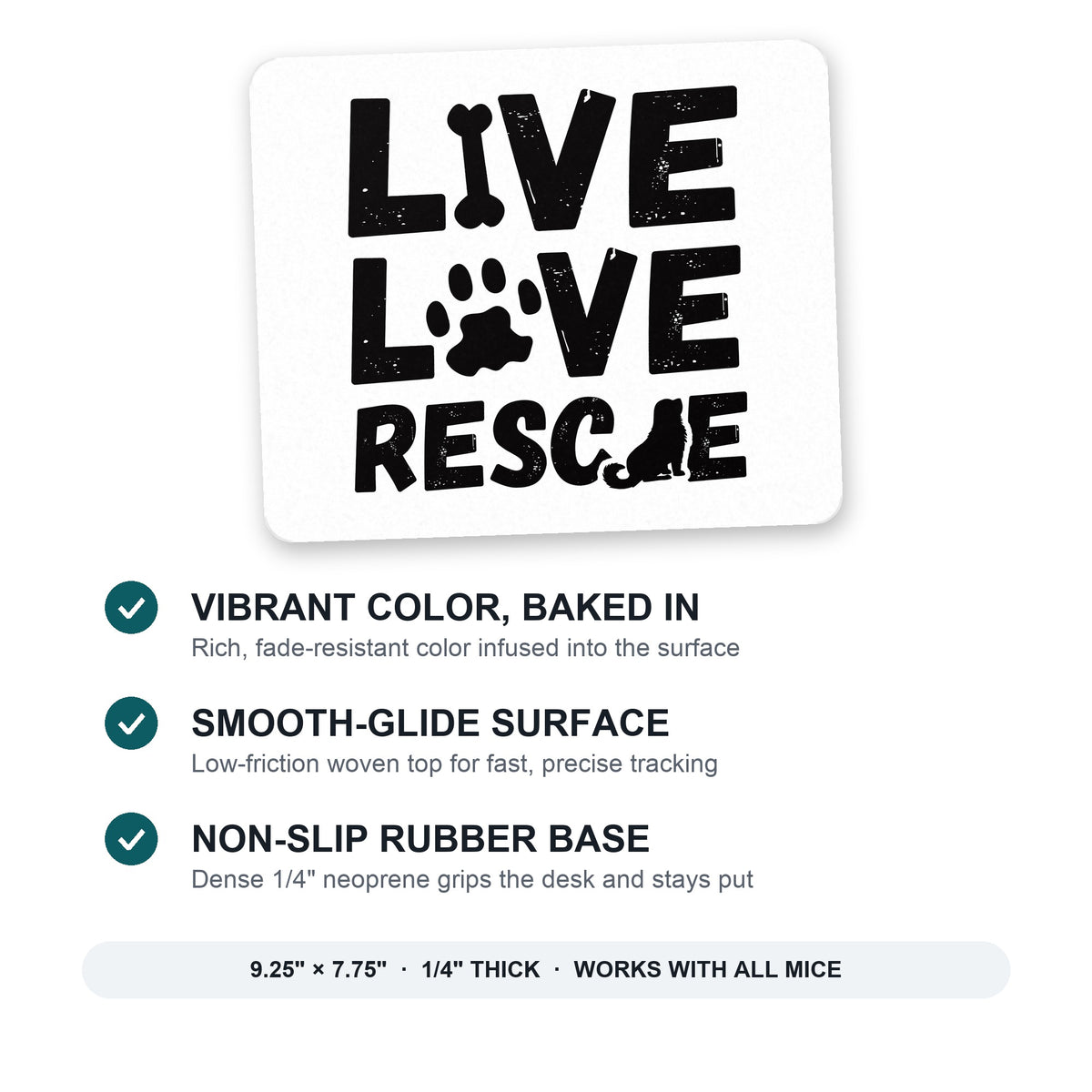 Live Love Rescue - Dog Paw mouse pad: vibrant color, smooth-glide surface, non-slip rubber base, 9.25 x 7.75 inches