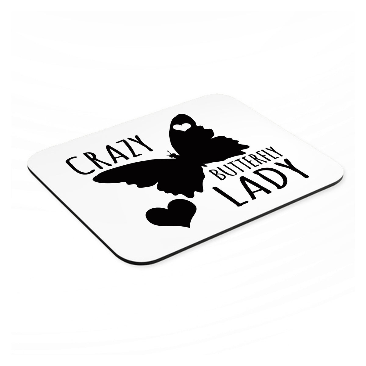 Crazy Butterfly Lady mouse pad, angled view showing the 1/4 inch thick base
