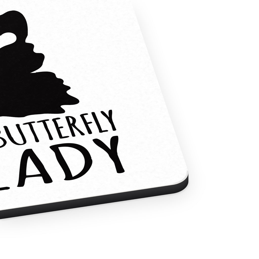 Crazy Butterfly Lady mouse pad, close-up of the fabric surface and rubber edge