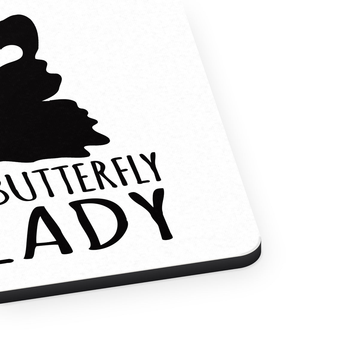 Crazy Butterfly Lady mouse pad, close-up of the fabric surface and rubber edge