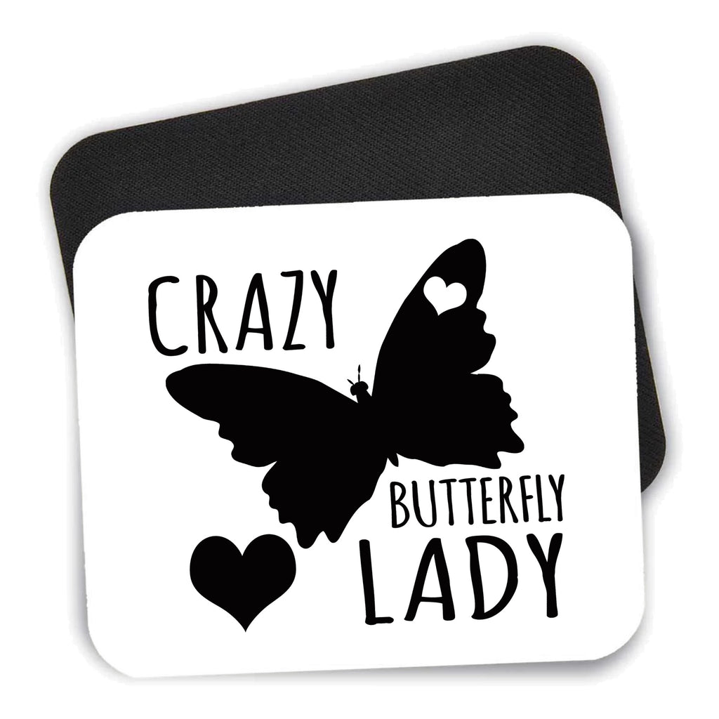 Crazy Butterfly Lady mouse pad shown with its black non-slip rubber underside