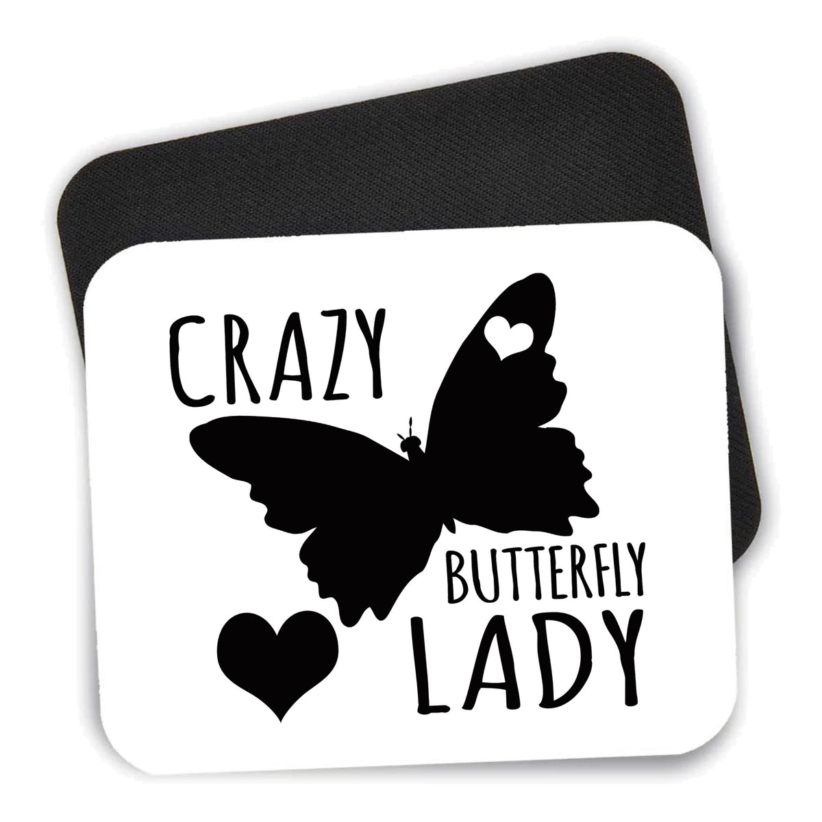 Crazy Butterfly Lady mouse pad shown with its black non-slip rubber underside