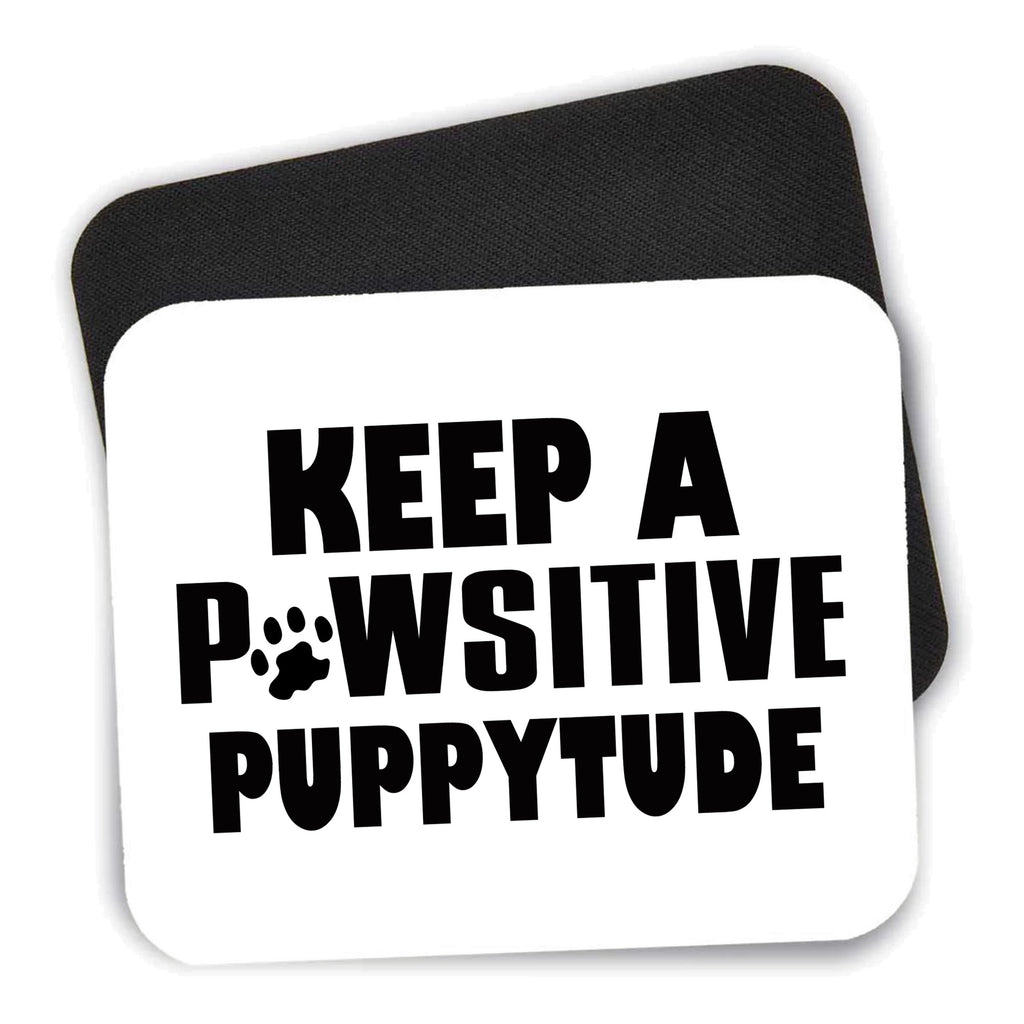 Keep a PAWsitive PUPPYtude mouse pad shown with its black non-slip rubber underside