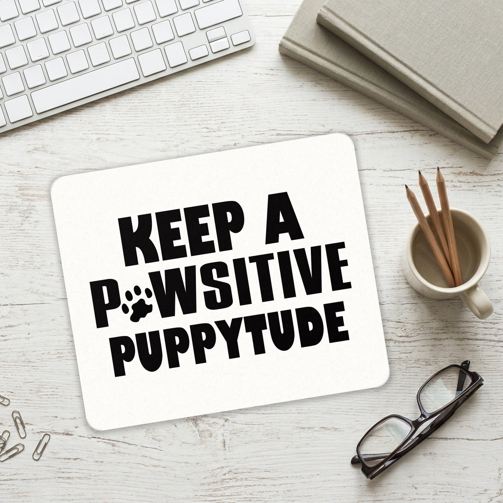 Keep a PAWsitive PUPPYtude mouse pad on a desk with a keyboard