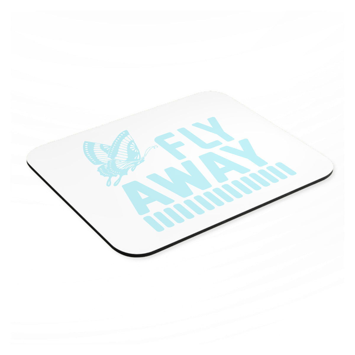 Fly Away - Butterfly Blue mouse pad, angled view showing the 1/4 inch thick base
