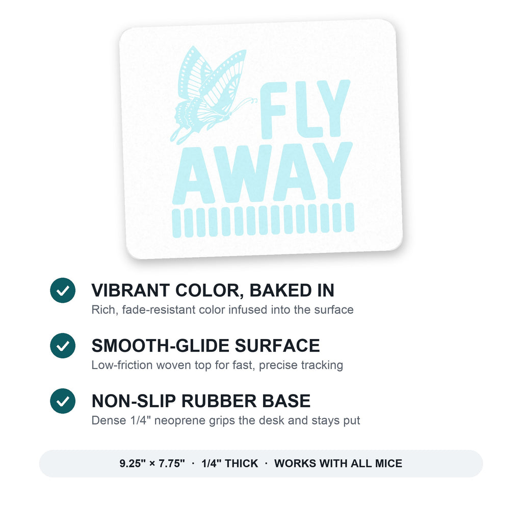 Fly Away - Butterfly Blue mouse pad: vibrant color, smooth-glide surface, non-slip rubber base, 9.25 x 7.75 inches