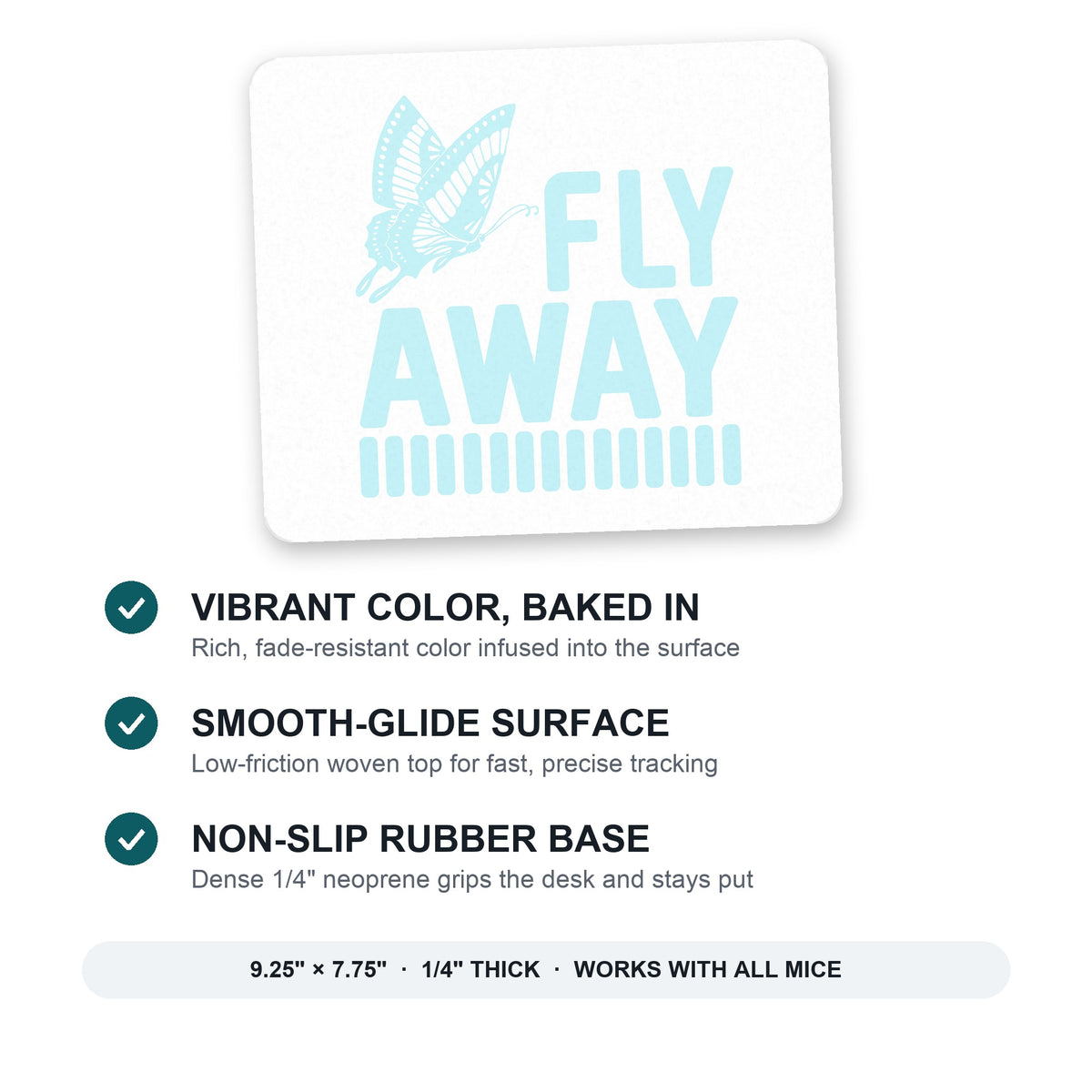 Fly Away - Butterfly Blue mouse pad: vibrant color, smooth-glide surface, non-slip rubber base, 9.25 x 7.75 inches