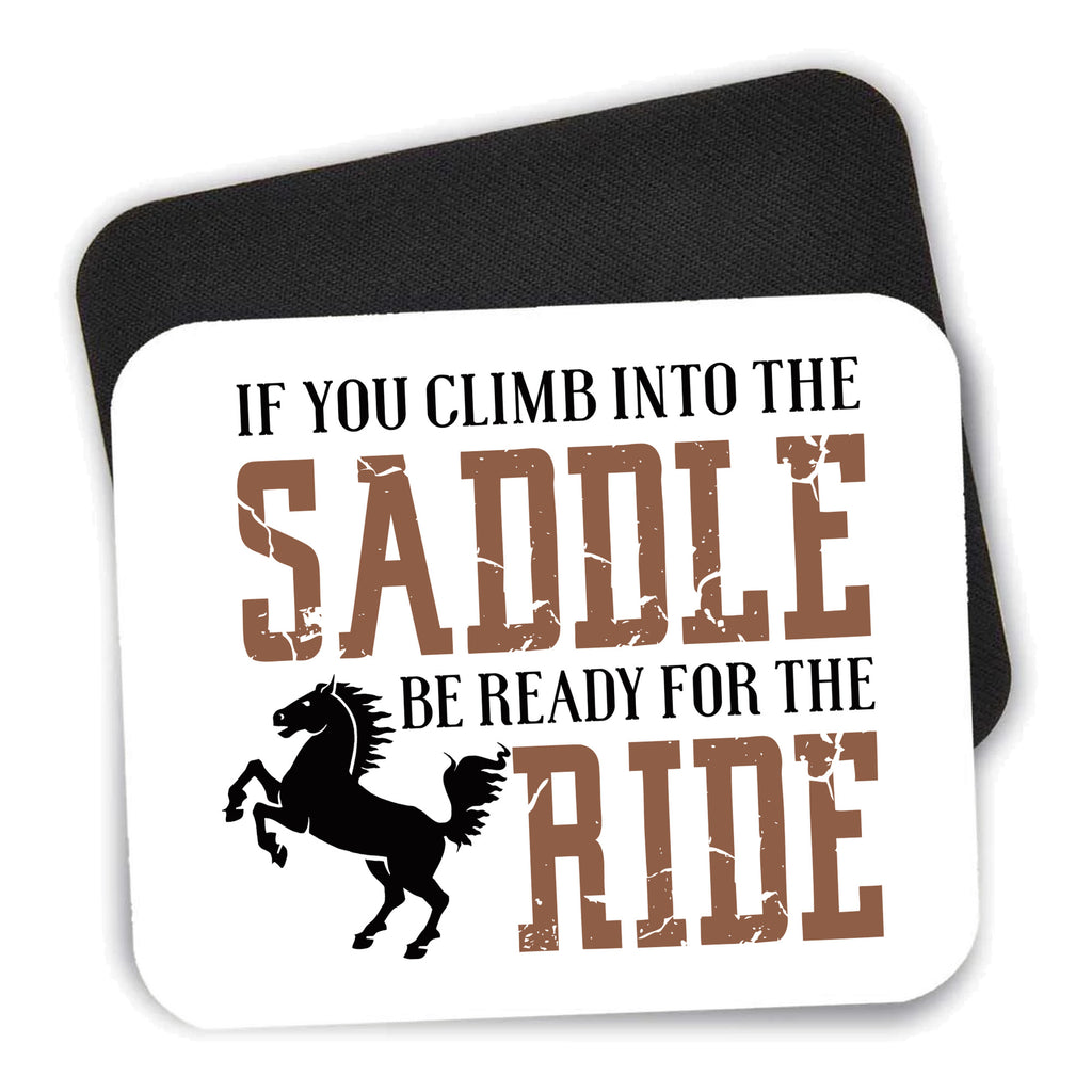 Climb into the Saddle, Ready for a Ride mouse pad shown with its black non-slip rubber underside