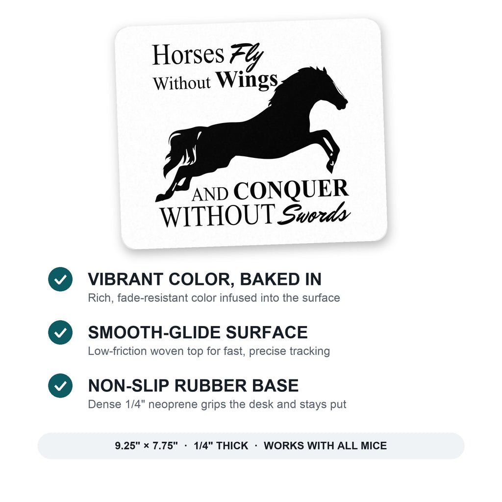Horses Fly Without Wings mouse pad: vibrant color, smooth-glide surface, non-slip rubber base, 9.25 x 7.75 inches