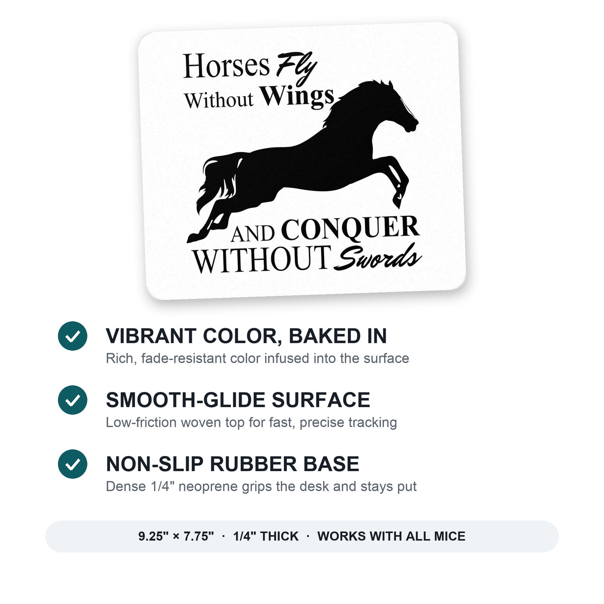 Horses Fly Without Wings mouse pad: vibrant color, smooth-glide surface, non-slip rubber base, 9.25 x 7.75 inches