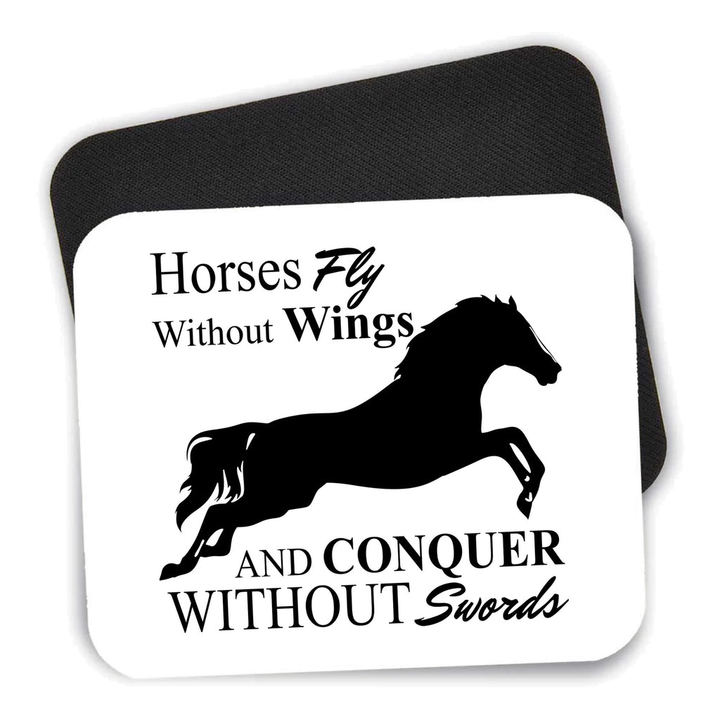 Horses Fly Without Wings mouse pad shown with its black non-slip rubber underside