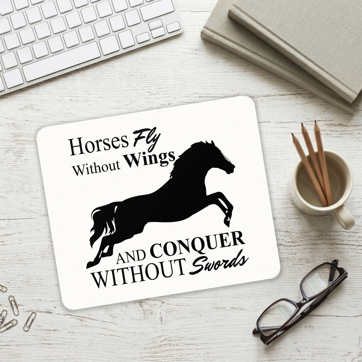 Horses Fly Without Wings mouse pad on a desk with a keyboard