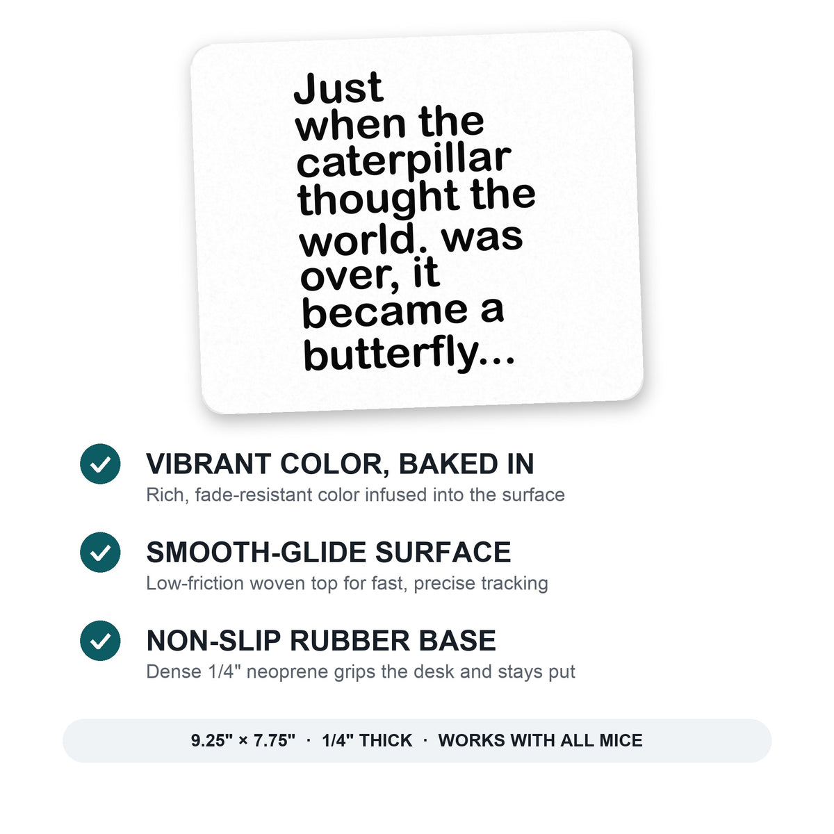 Caterpillar Though World Was Over Butterfly mouse pad: vibrant color, smooth-glide surface, non-slip rubber base, 9.25 x 7.75 inches