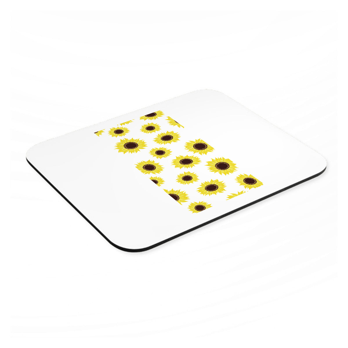 Yellow Sunflowers mouse pad, angled view showing the 1/4 inch thick base