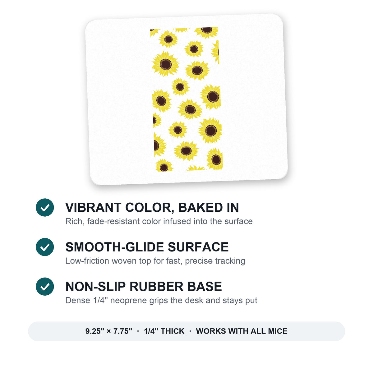 Yellow Sunflowers mouse pad: vibrant color, smooth-glide surface, non-slip rubber base, 9.25 x 7.75 inches