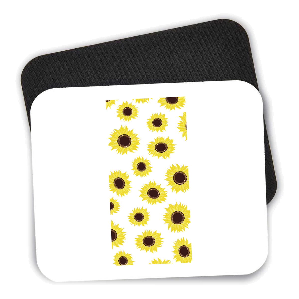 Yellow Sunflowers mouse pad shown with its black non-slip rubber underside