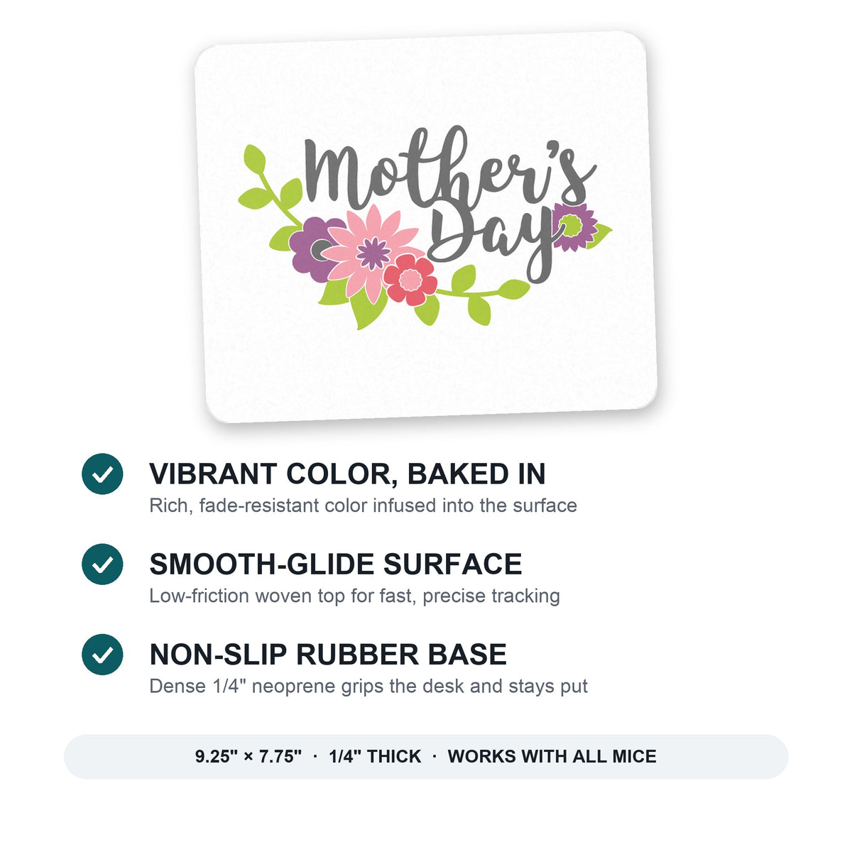 Mother's Day - Pink Purple Flowers mouse pad: vibrant color, smooth-glide surface, non-slip rubber base, 9.25 x 7.75 inches