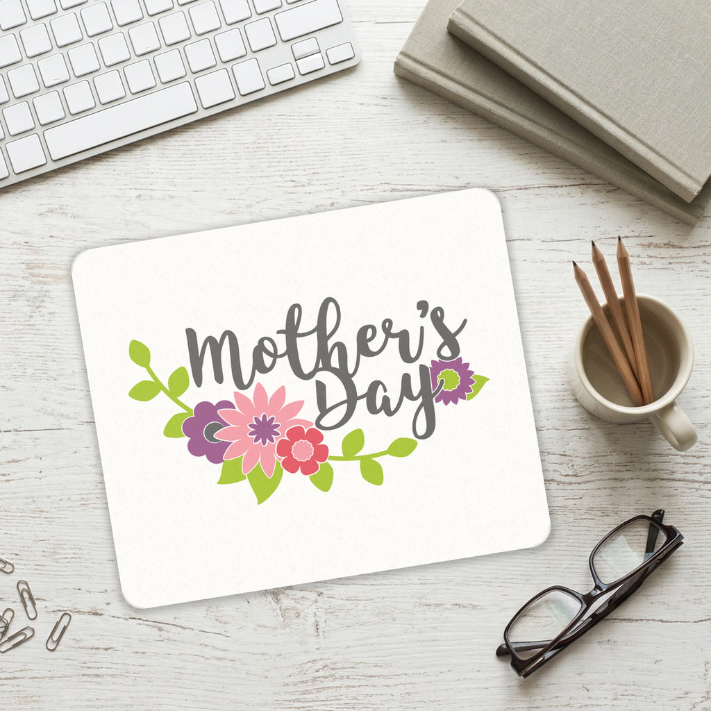 Mother's Day - Pink Purple Flowers mouse pad on a desk with a keyboard