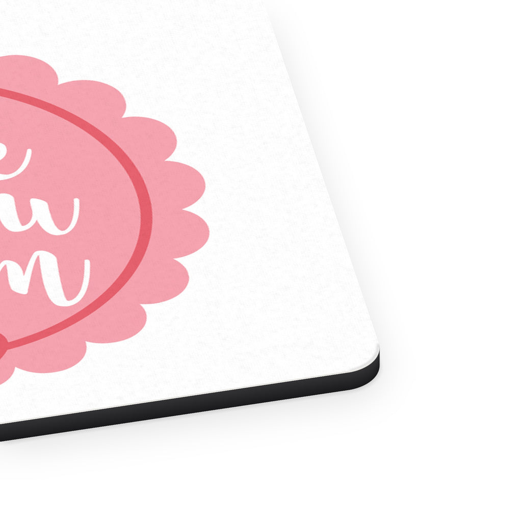 Love You Mom - Pink Ribbon mouse pad, close-up of the fabric surface and rubber edge