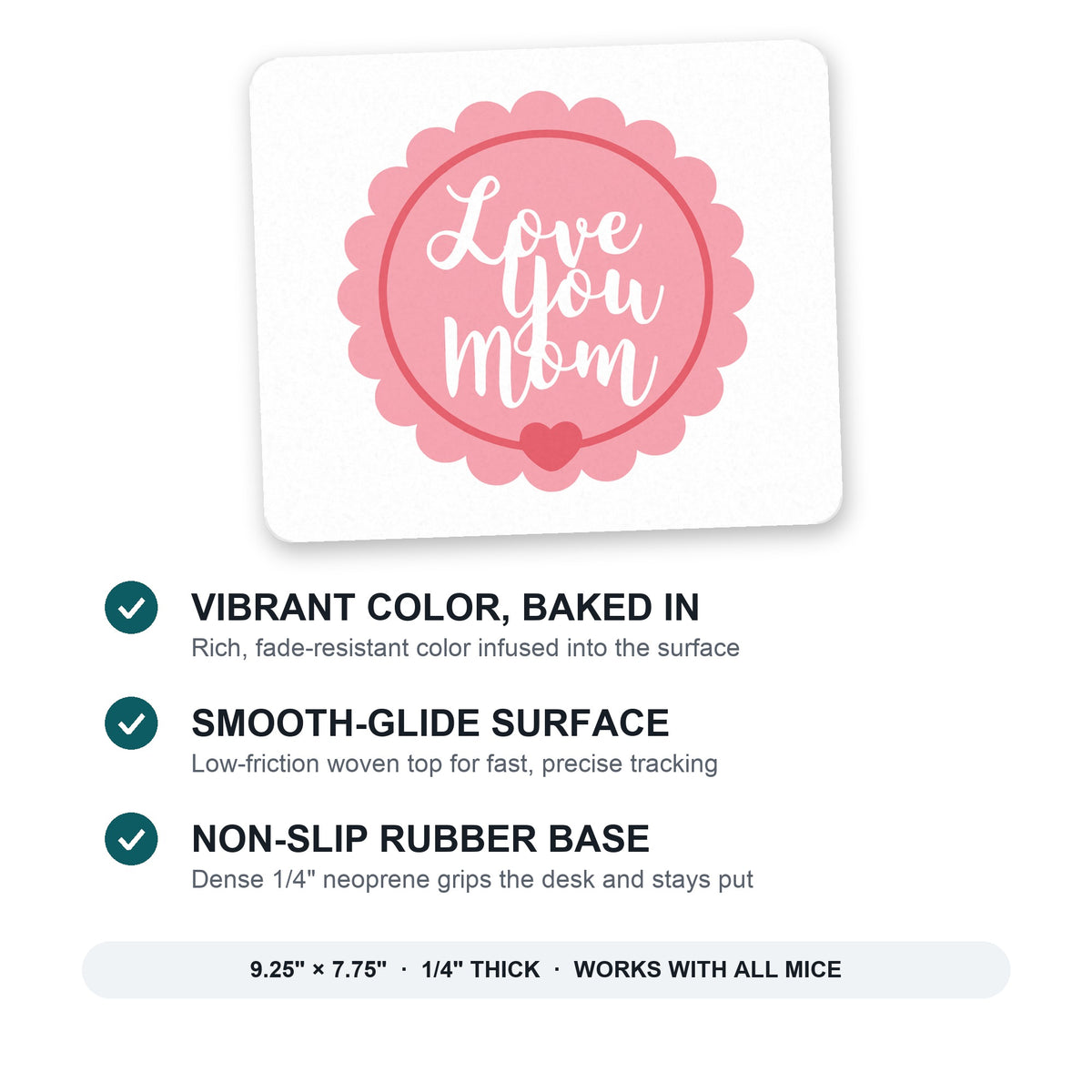 Love You Mom - Pink Ribbon mouse pad: vibrant color, smooth-glide surface, non-slip rubber base, 9.25 x 7.75 inches