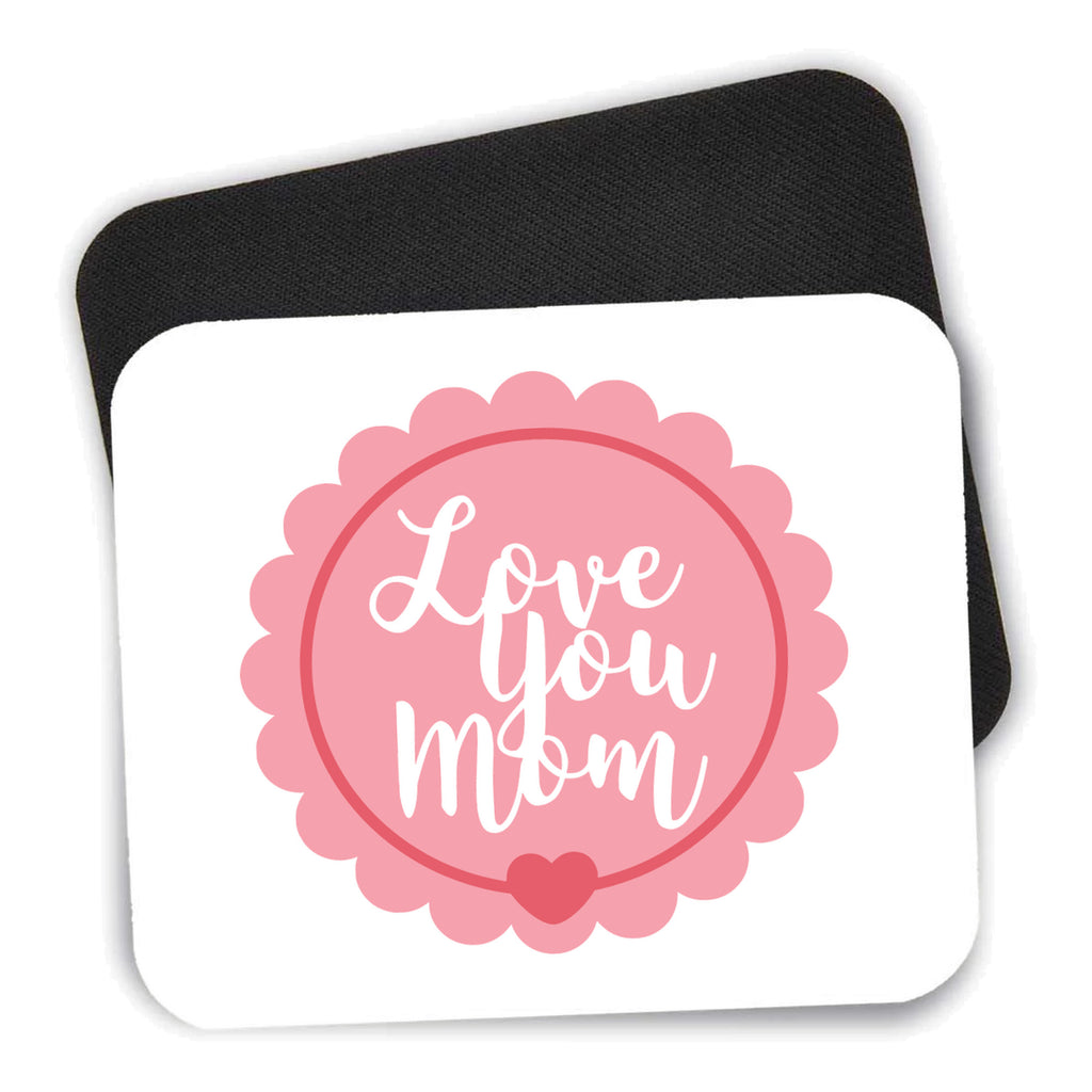 Love You Mom - Pink Ribbon mouse pad shown with its black non-slip rubber underside
